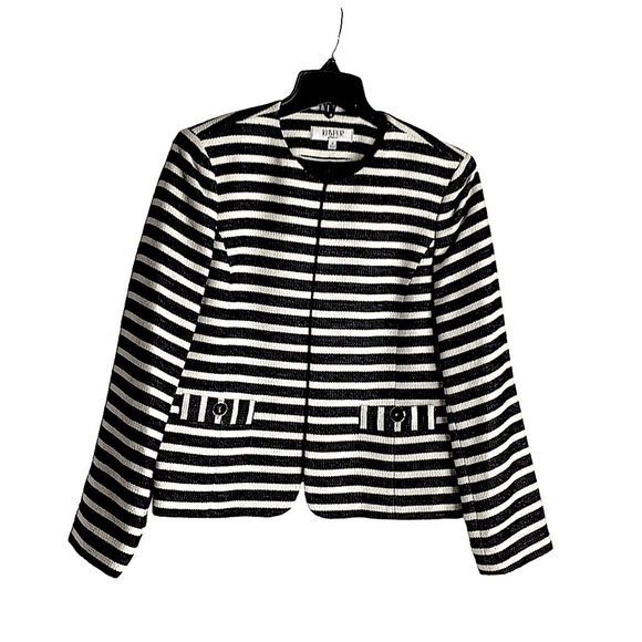Kasper Jackets & Blazers - Kasper Black and Ivory Collarless Stripped Open-Front Jacket in Size 14